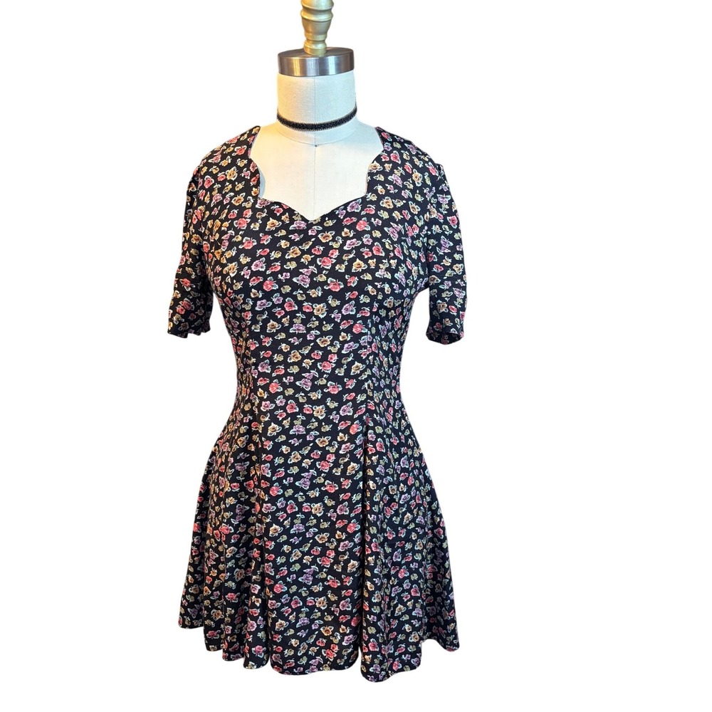 Floral 90s Grunge Rampage Fit and Flare Mini Dress Small Black Vintage